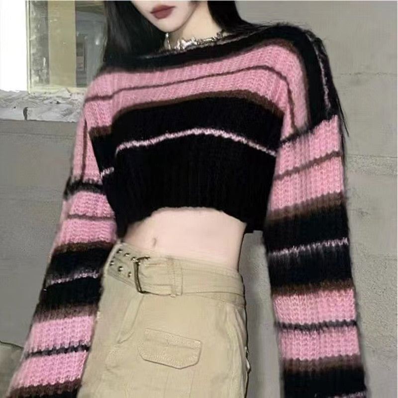 Y2K Black Pink Cropped Knit Sweater